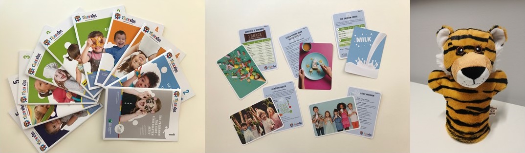 Fotos der Materialien: Leitfaden für pädagogisches Personal, Tipp-Cards und Newsletter, Tiger-Handpuppe